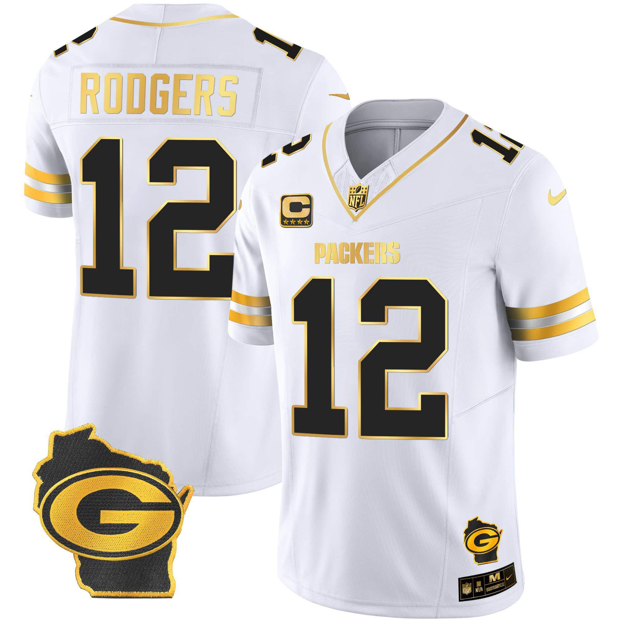 Men Green Bay Packers #12 Rodgers White Gold 2024 Nike Home Patch Vapor NFL Jersey->indianapolis colts->NFL Jersey